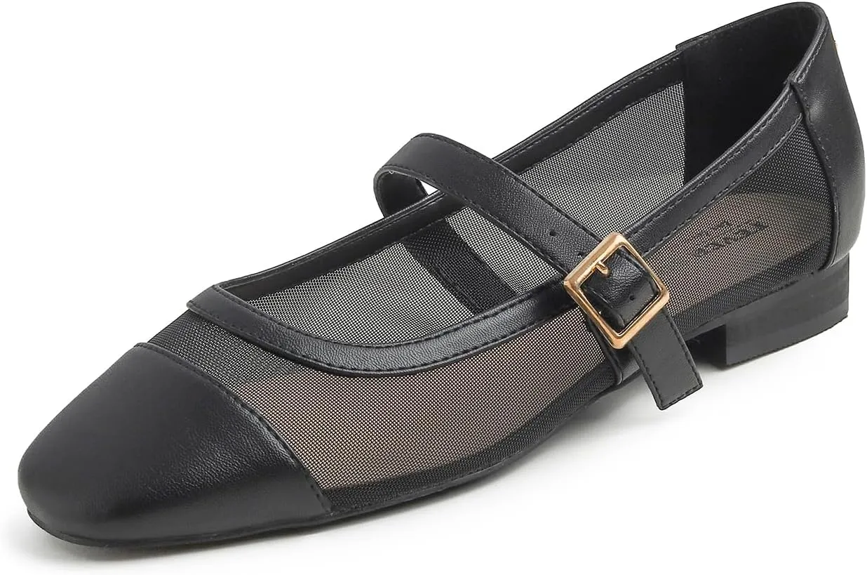FEVERSOLE Women's Mary Jane Fashion Square Toe Easy Buckle Low Heel Slip On Flats