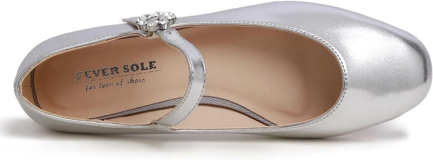 FEVERSOLE Women's Mary Jane Fashion Square Toe Easy Buckle Slip On Flats