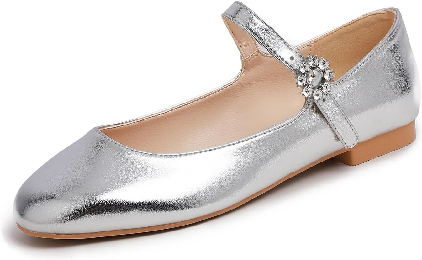 FEVERSOLE Women's Mary Jane Fashion Square Toe Easy Buckle Slip On Flats