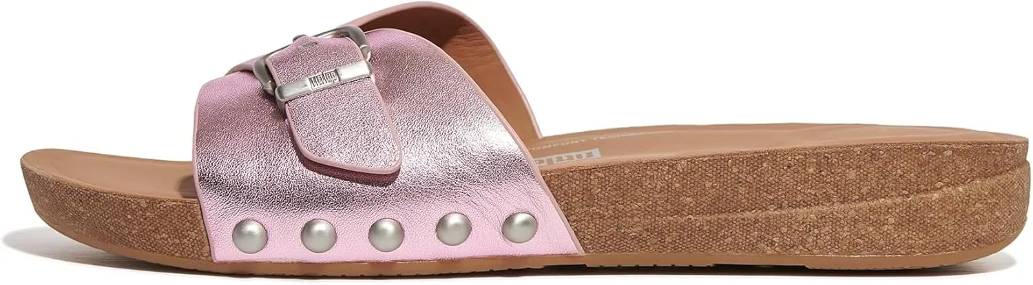 FitFlop Women's Iqushion Adjustable Buckle Metallic-Leather Slides Wedge Sandal