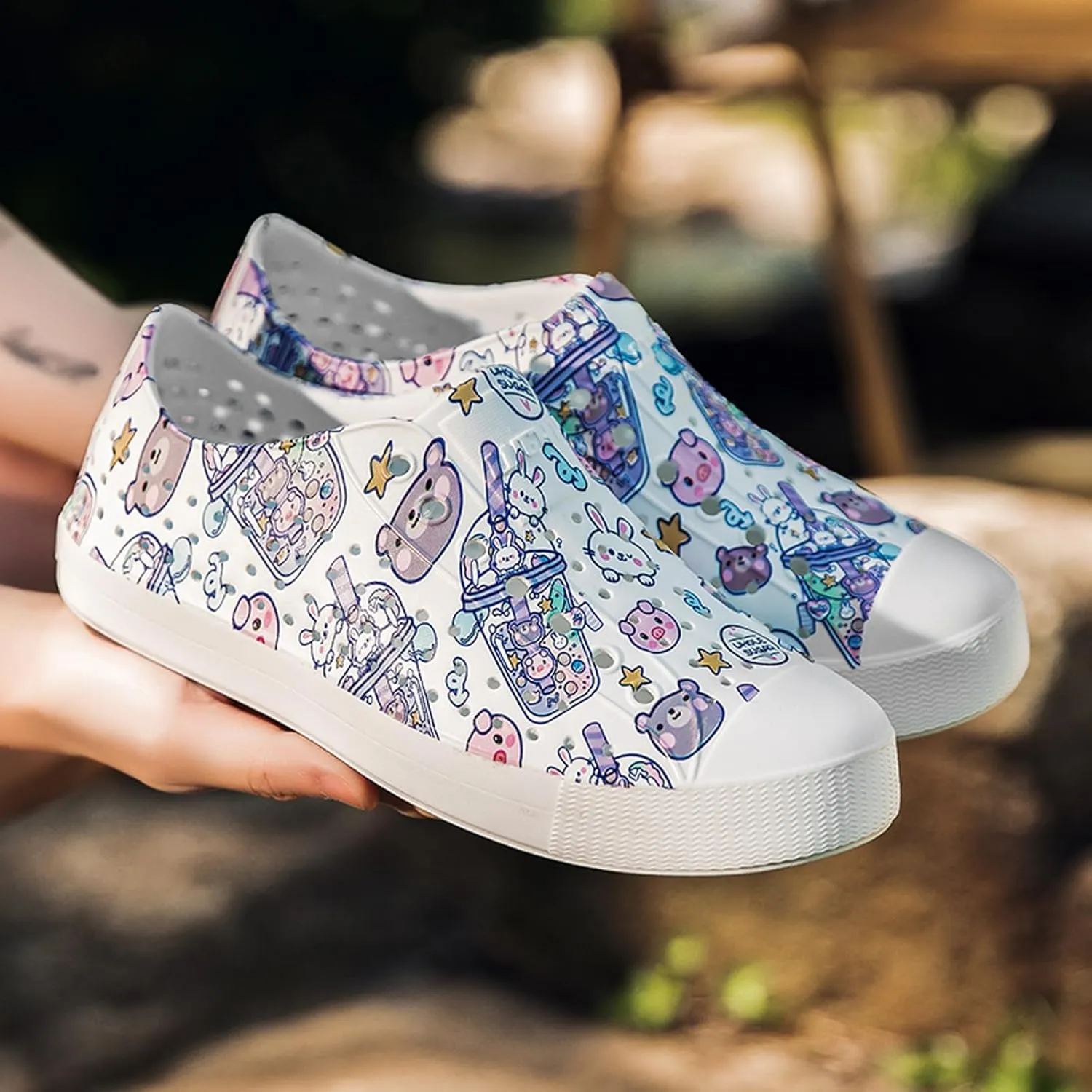 FLIOZY Colorful Printed Garden Clogs for Women, Lightweight Breathable Slip-On Shoes, Waterproof & Non-Slip, Fun Patterned Casual Footwear for Outdoor, Beach, and Everyday Wear