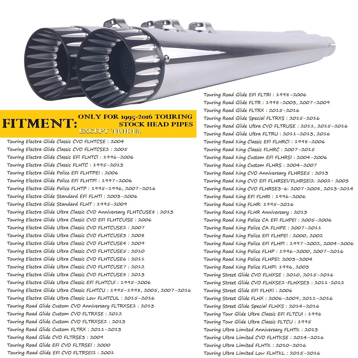 For 1995-2016 Harley Davidson touring 4.4 inch Chrome megaphone slip on mufflers