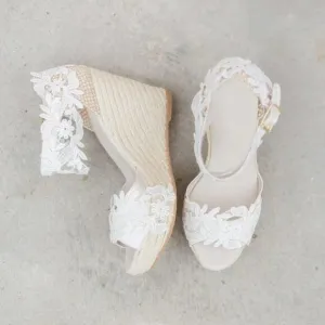 FSJ White Lace Wedding Shoes Open Toe Platform Wedge Espadrille Sandals
