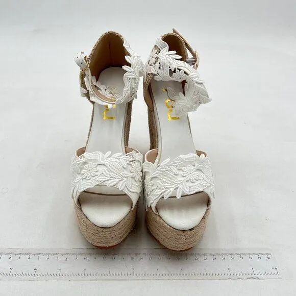 FSJ White Lace Wedding Shoes Open Toe Platform Wedge Espadrille Sandals