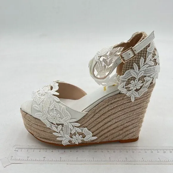 FSJ White Lace Wedding Shoes Open Toe Platform Wedge Espadrille Sandals