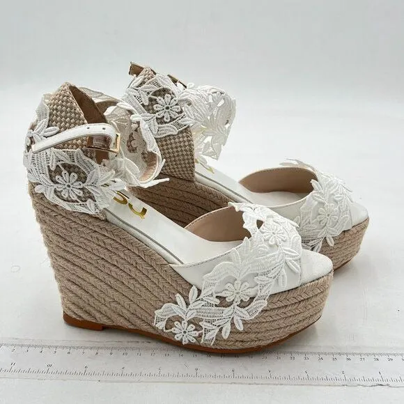 FSJ White Lace Wedding Shoes Open Toe Platform Wedge Espadrille Sandals