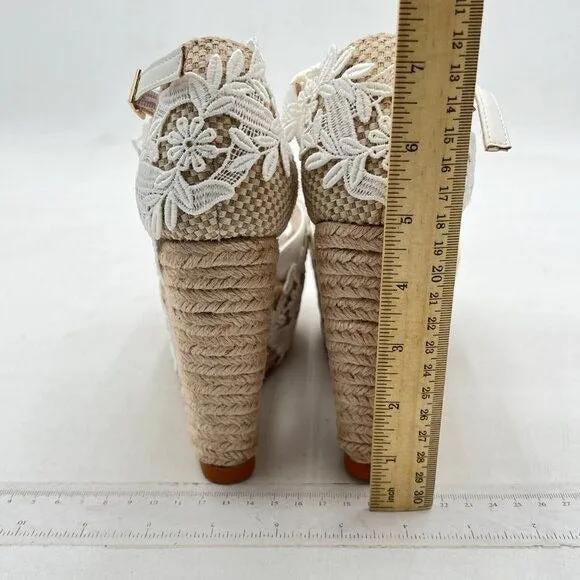 FSJ White Lace Wedding Shoes Open Toe Platform Wedge Espadrille Sandals