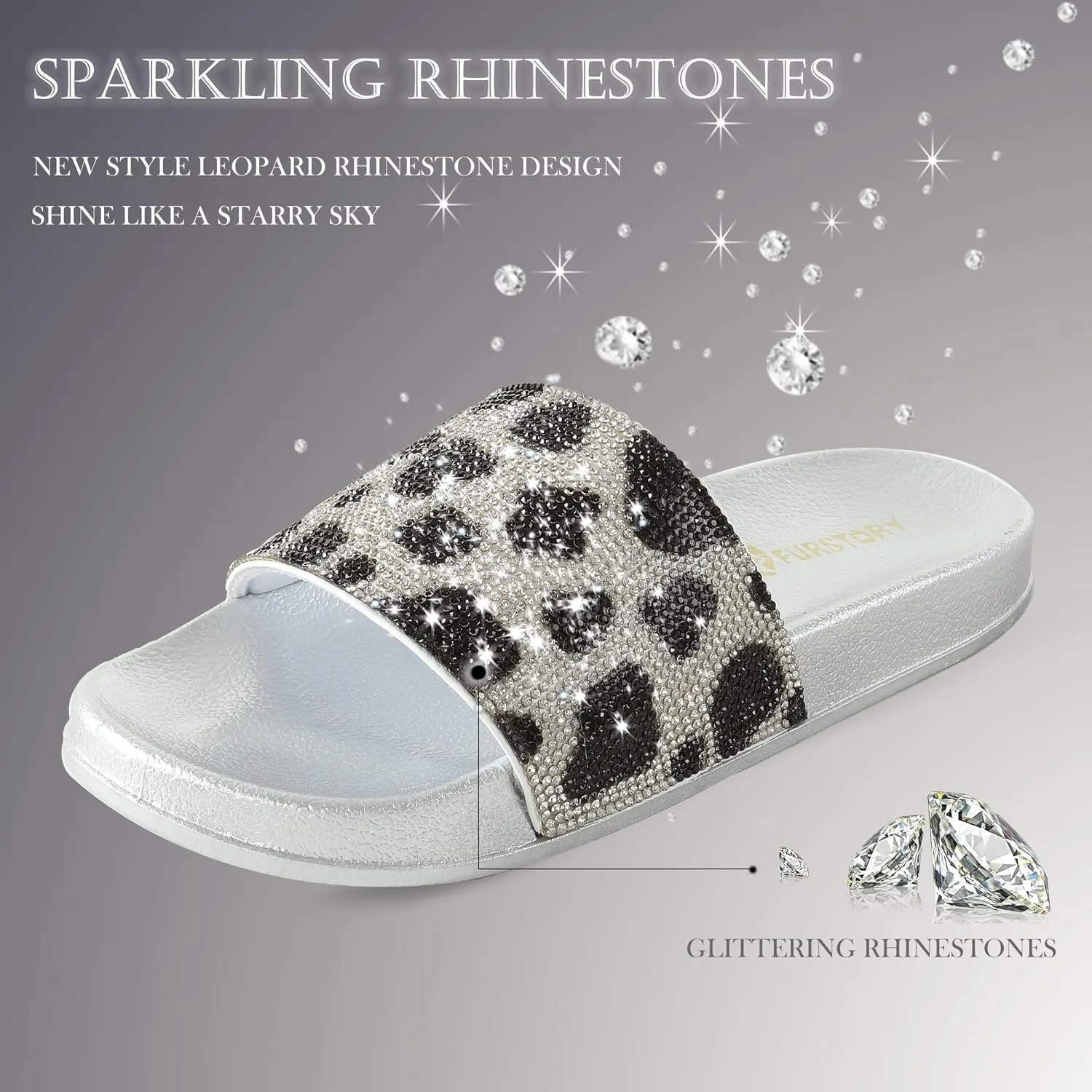 Fur Story Womens Slides House Slippers Rhinestone Glitter Slides Cute bling Flat for Women Platform Sandals Cozy Bedroom Slippers Shower Shoes