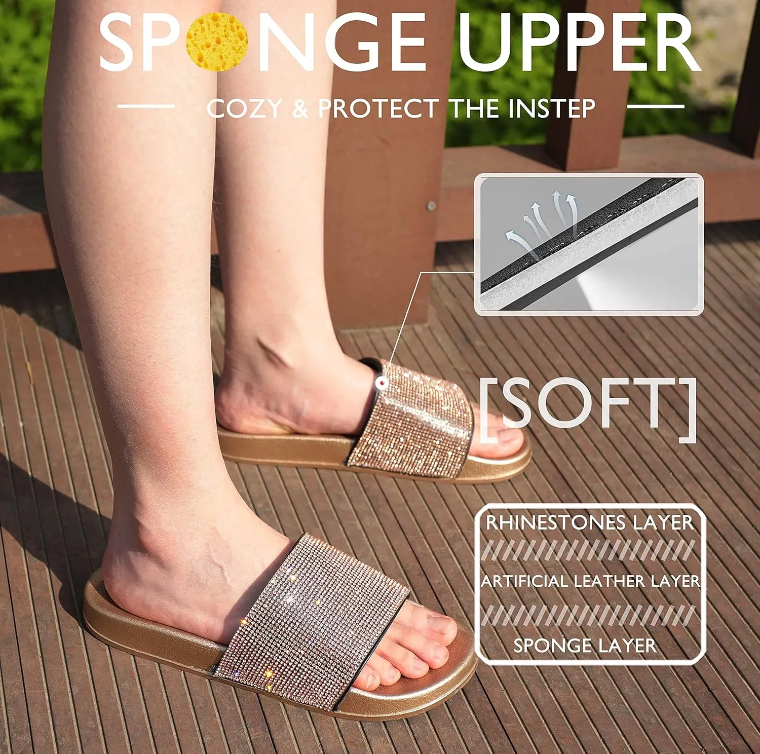 Fur Story Womens Slides House Slippers Rhinestone Glitter Slides Cute bling Flat for Women Platform Sandals Cozy Bedroom Slippers Shower Shoes