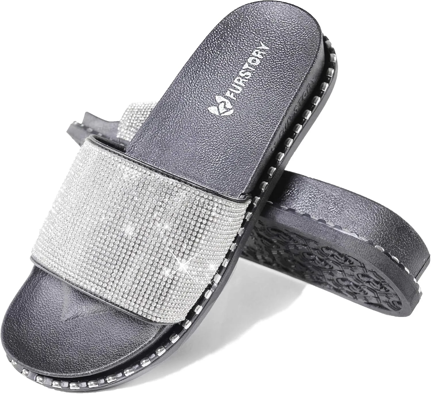 Fur Story Womens Slides House Slippers Rhinestone Glitter Slides Cute bling Flat for Women Platform Sandals Cozy Bedroom Slippers Shower Shoes