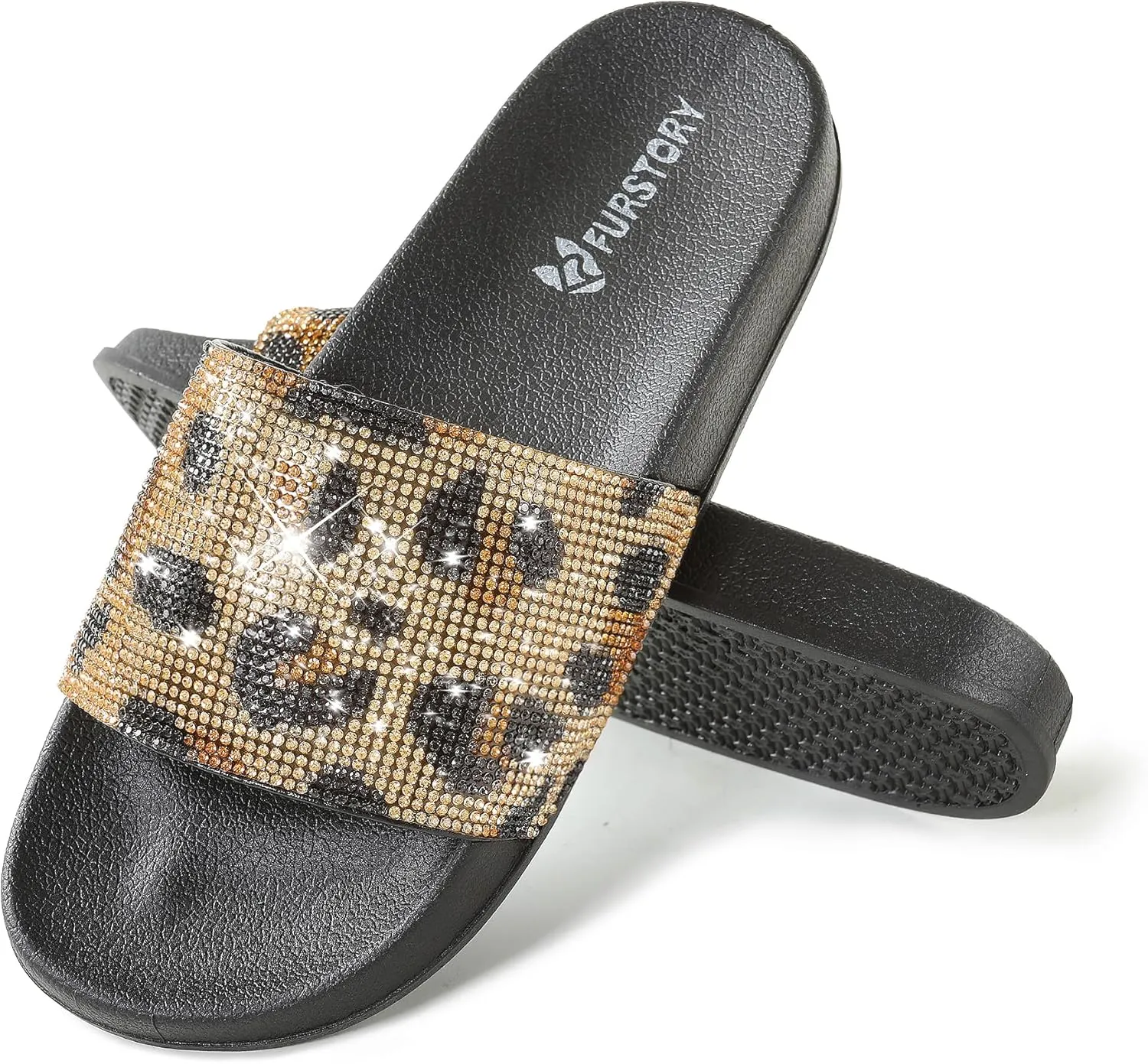 Fur Story Womens Slides House Slippers Rhinestone Glitter Slides Cute bling Flat for Women Platform Sandals Cozy Bedroom Slippers Shower Shoes
