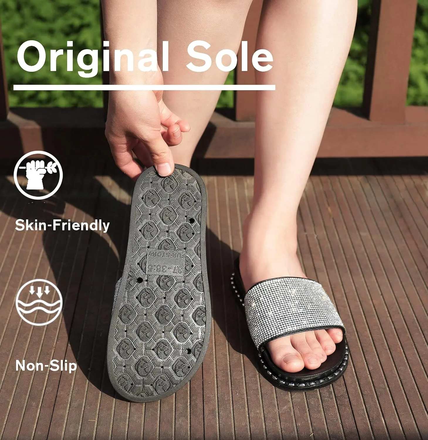 Fur Story Womens Slides House Slippers Rhinestone Glitter Slides Cute bling Flat for Women Platform Sandals Cozy Bedroom Slippers Shower Shoes