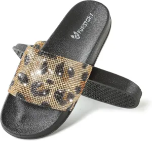 Fur Story Womens Slides House Slippers Rhinestone Glitter Slides Cute bling Flat for Women Platform Sandals Cozy Bedroom Slippers Shower Shoes
