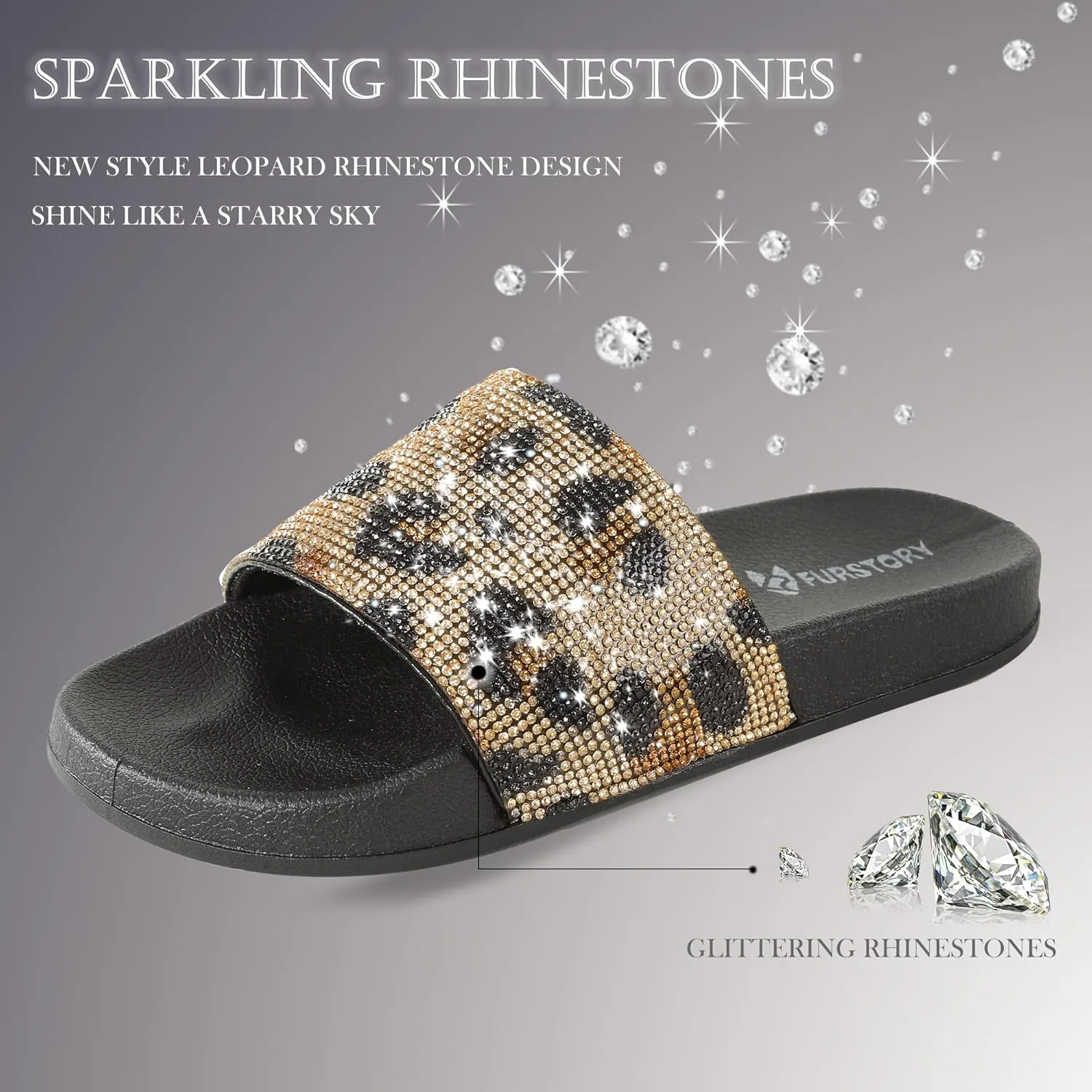 Fur Story Womens Slides House Slippers Rhinestone Glitter Slides Cute bling Flat for Women Platform Sandals Cozy Bedroom Slippers Shower Shoes