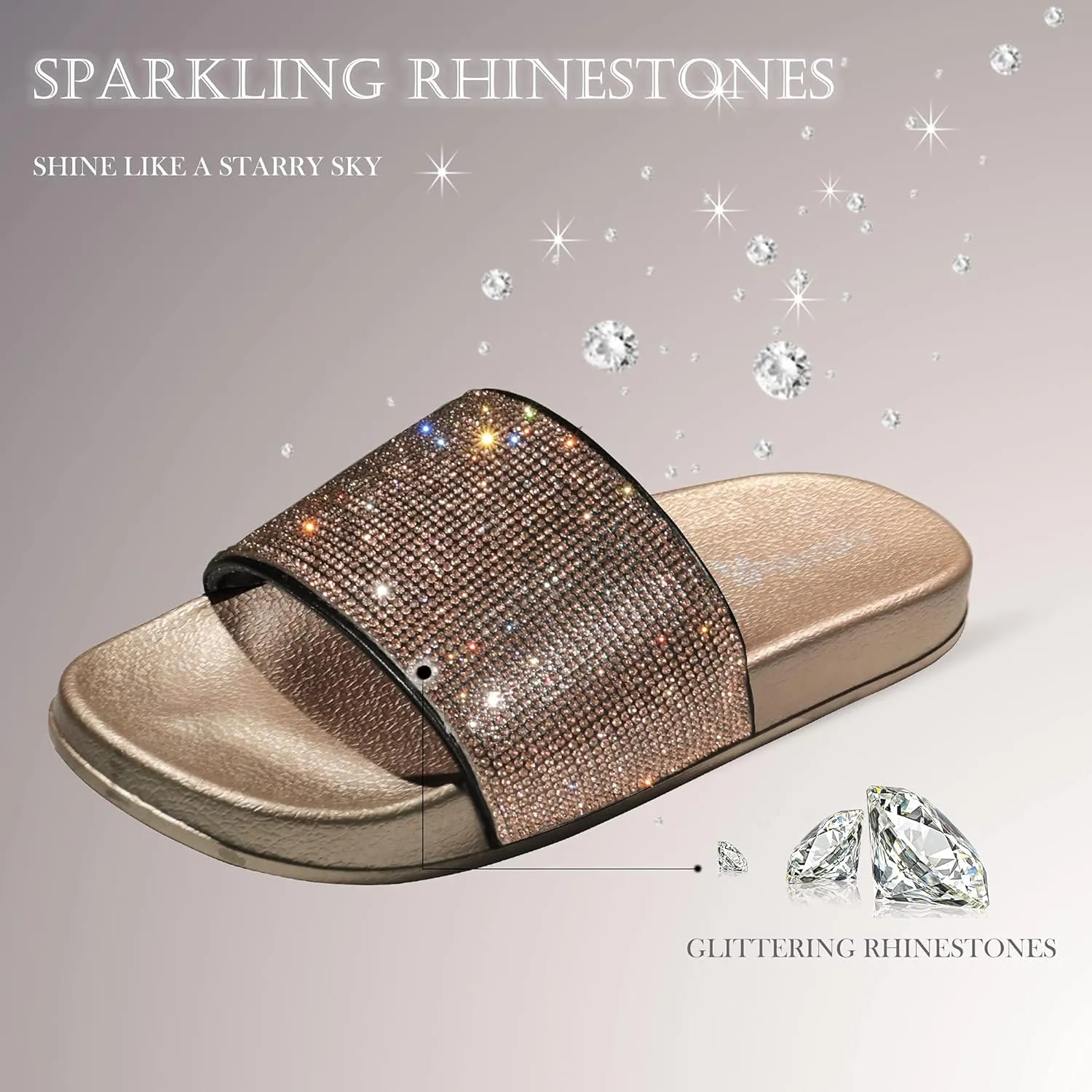 Fur Story Womens Slides House Slippers Rhinestone Glitter Slides Cute bling Flat for Women Platform Sandals Cozy Bedroom Slippers Shower Shoes