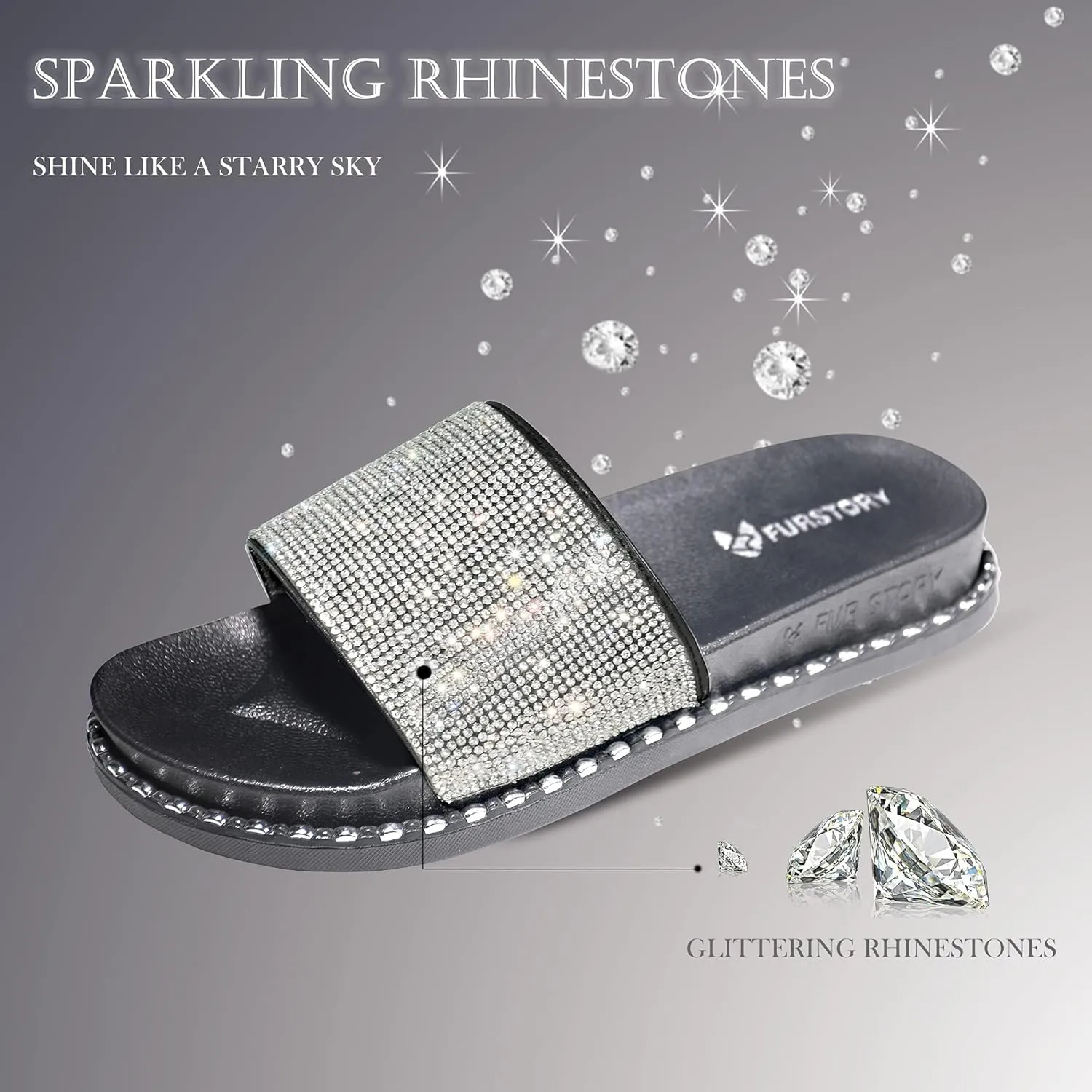 Fur Story Womens Slides House Slippers Rhinestone Glitter Slides Cute bling Flat for Women Platform Sandals Cozy Bedroom Slippers Shower Shoes