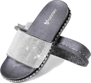 Fur Story Womens Slides House Slippers Rhinestone Glitter Slides Cute bling Flat for Women Platform Sandals Cozy Bedroom Slippers Shower Shoes