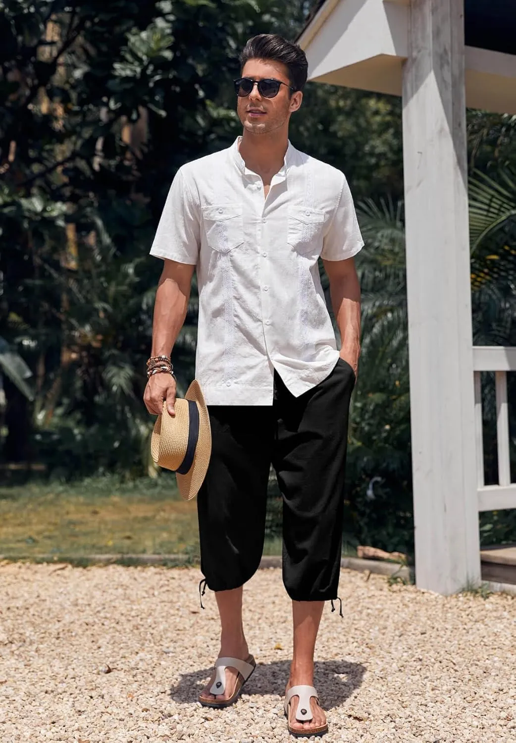 Gafeng Mens Harem Capri Pants Beach Yoga Baggy 3/4 Shorts Casual Drawstring Summer Wide Leg Pants