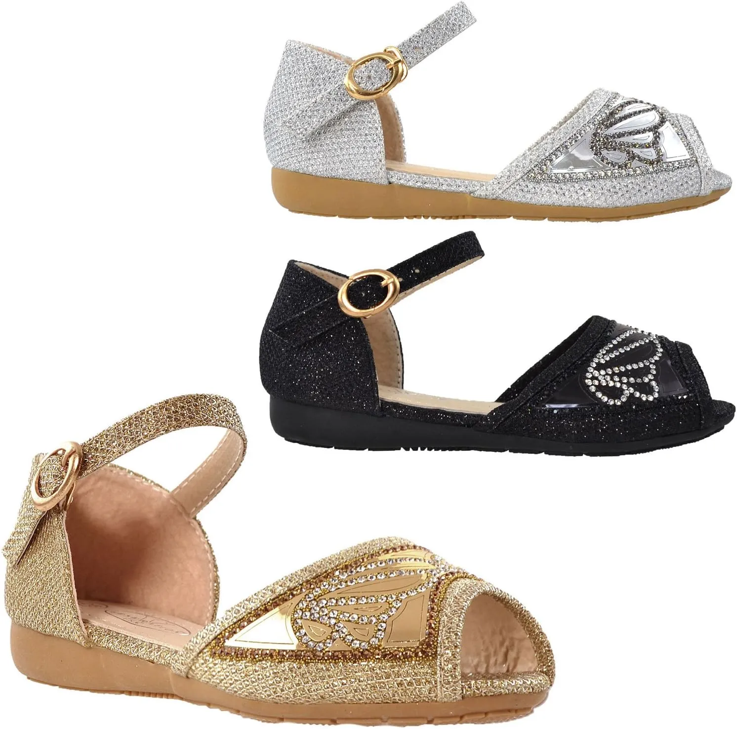 Generation Y Kids Girls Flats Sandals Peep Toe Buckle Strap Glitter Dress Shoes GY-KS-IVY-02