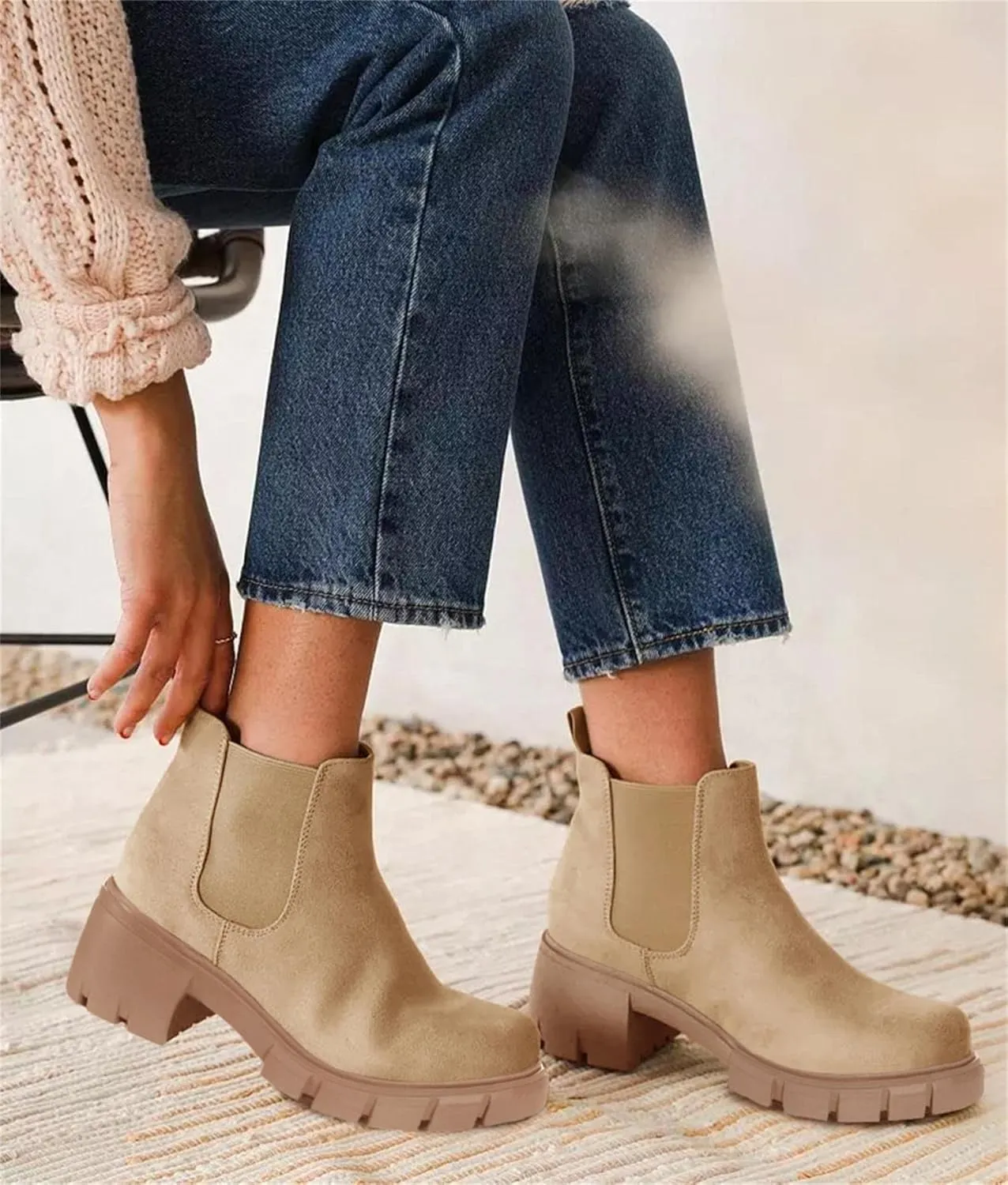 gihubafuil Women’s Chelsea Boots Fashion Platform Chunky Block Heels Slip On Combat Ankle Booties