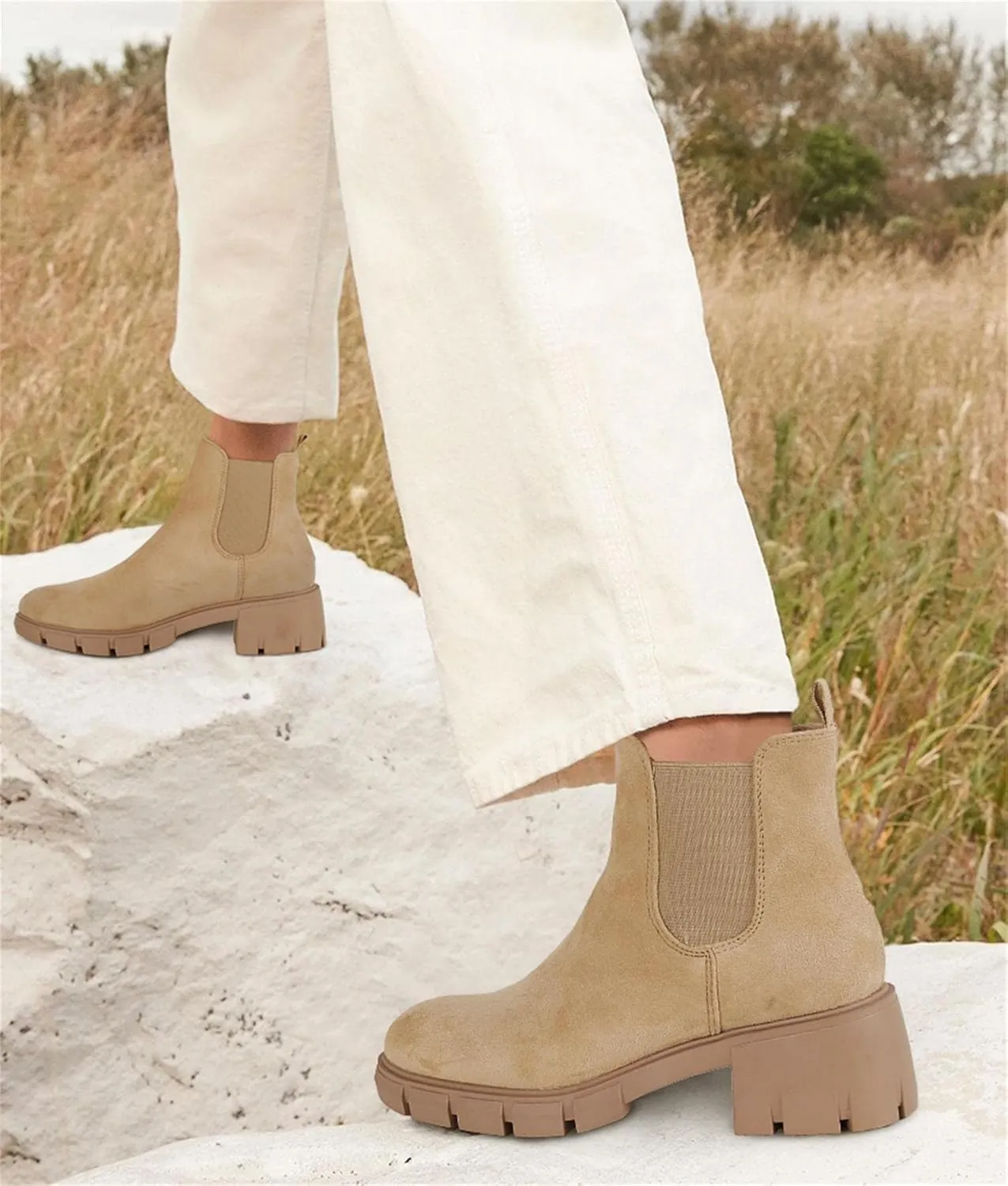 gihubafuil Women’s Chelsea Boots Fashion Platform Chunky Block Heels Slip On Combat Ankle Booties