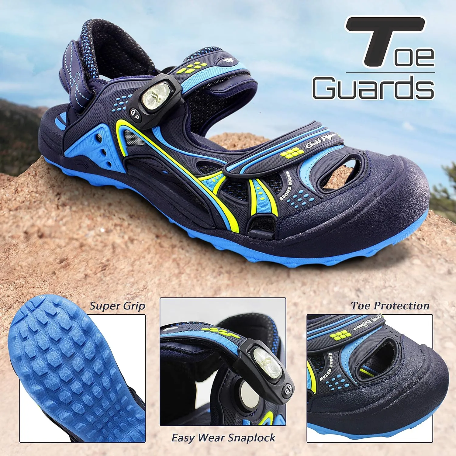 Gold Pigeon Shoes Kids TOE GUARD Easy Snap Lock Closed Toe Athlete Sandals
