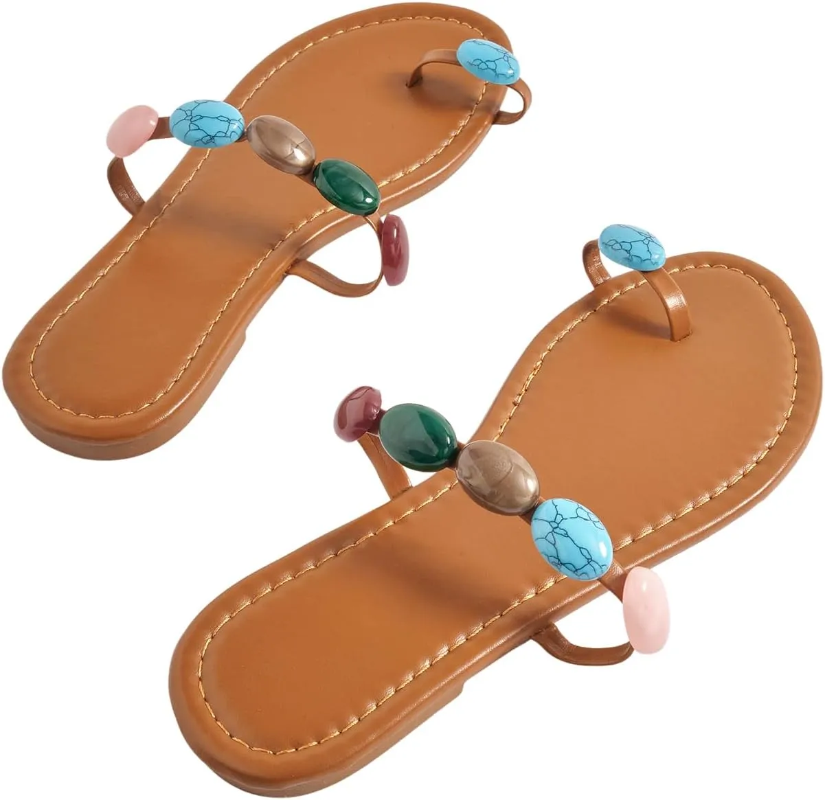 GORGLITTER Women's Toe Ring Thong Flat Sandals Gemstone Decor Slip On Boho Slide Sandal Flip Flops
