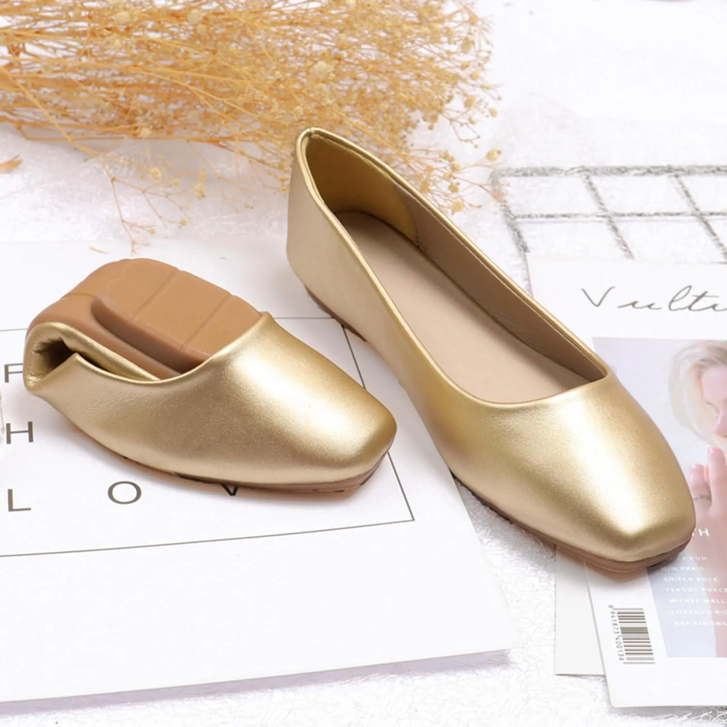Hee grand Square Toe Flats for Women Dressy Soft Patent Leather Bowknot Dress Shoes Slip On Ballet Flats Comfortable Work Shoes
