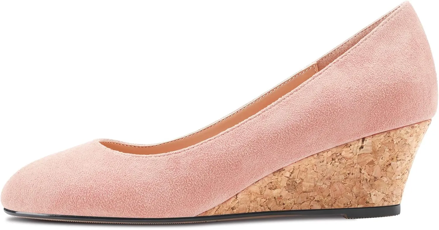 HEUIVZAR Pumps for Women Slip-on Closed Round Toe Block Chunky Wedge Low Heel Pumps Suede Shopping Vacation Classic 2 Inch
