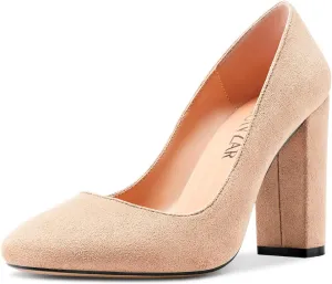 HEUIVZAR Women Pumps Pointed Toe Block Chunky High Heel Slip-on Dress Shoes Suede 4 Inch