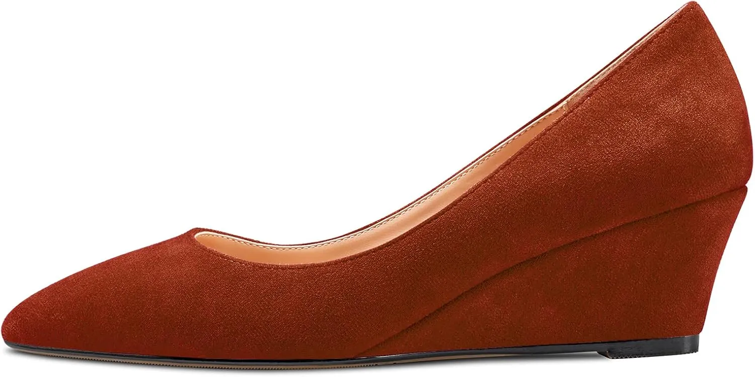 HEUIVZAR Women Wedge Pumps Pointed Toe Block Chunky Mid Low Heel Slip-on Dress Shoes Classic Suede 2 Inch