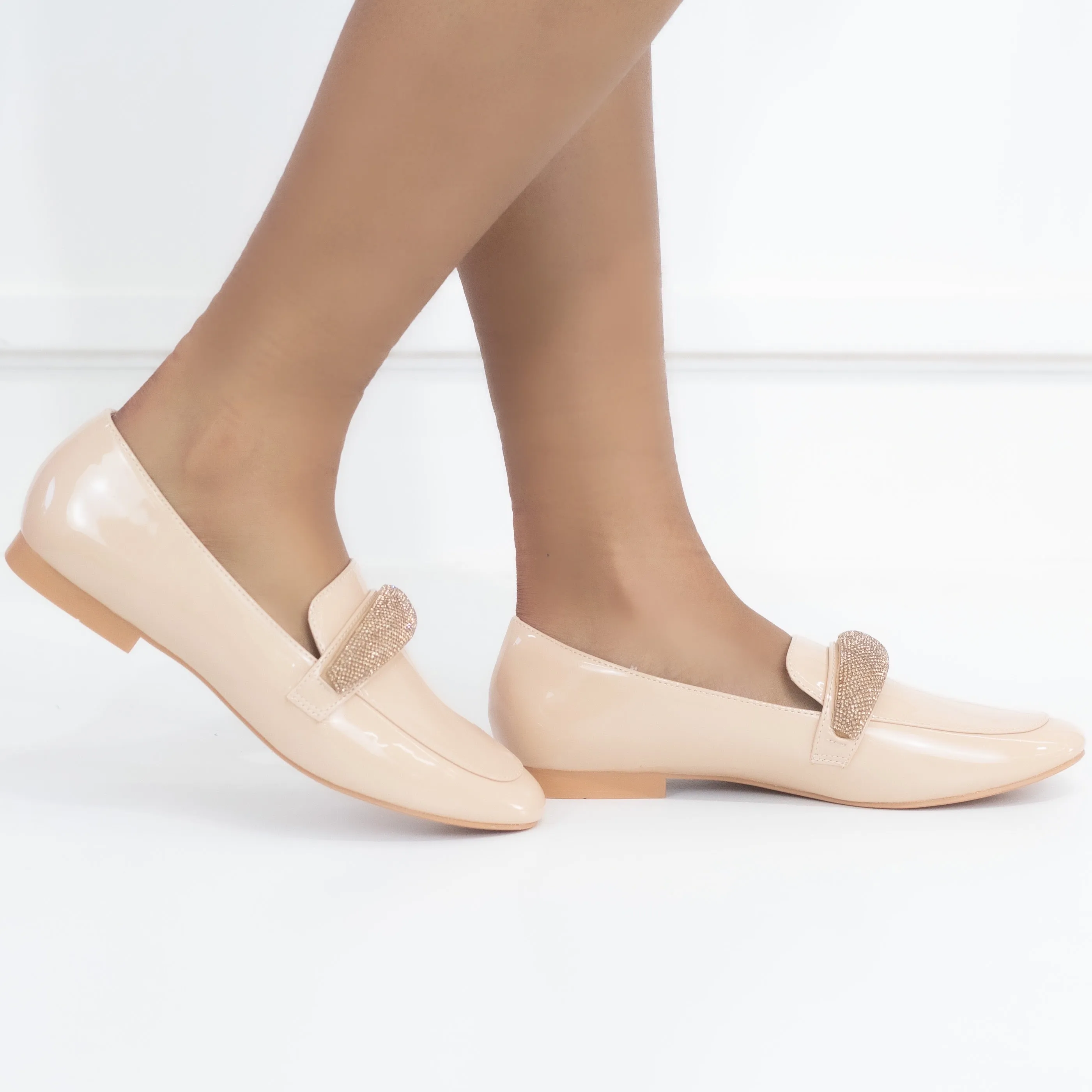 Honey flat loafer pat PU with diamante detail Nude