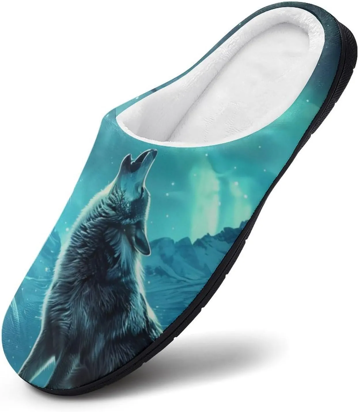 Howling Wolves Moonlight Men's Cotton House Slippers Warm Memory Foam Home Slip Shoes On for Indoor and Outdoor