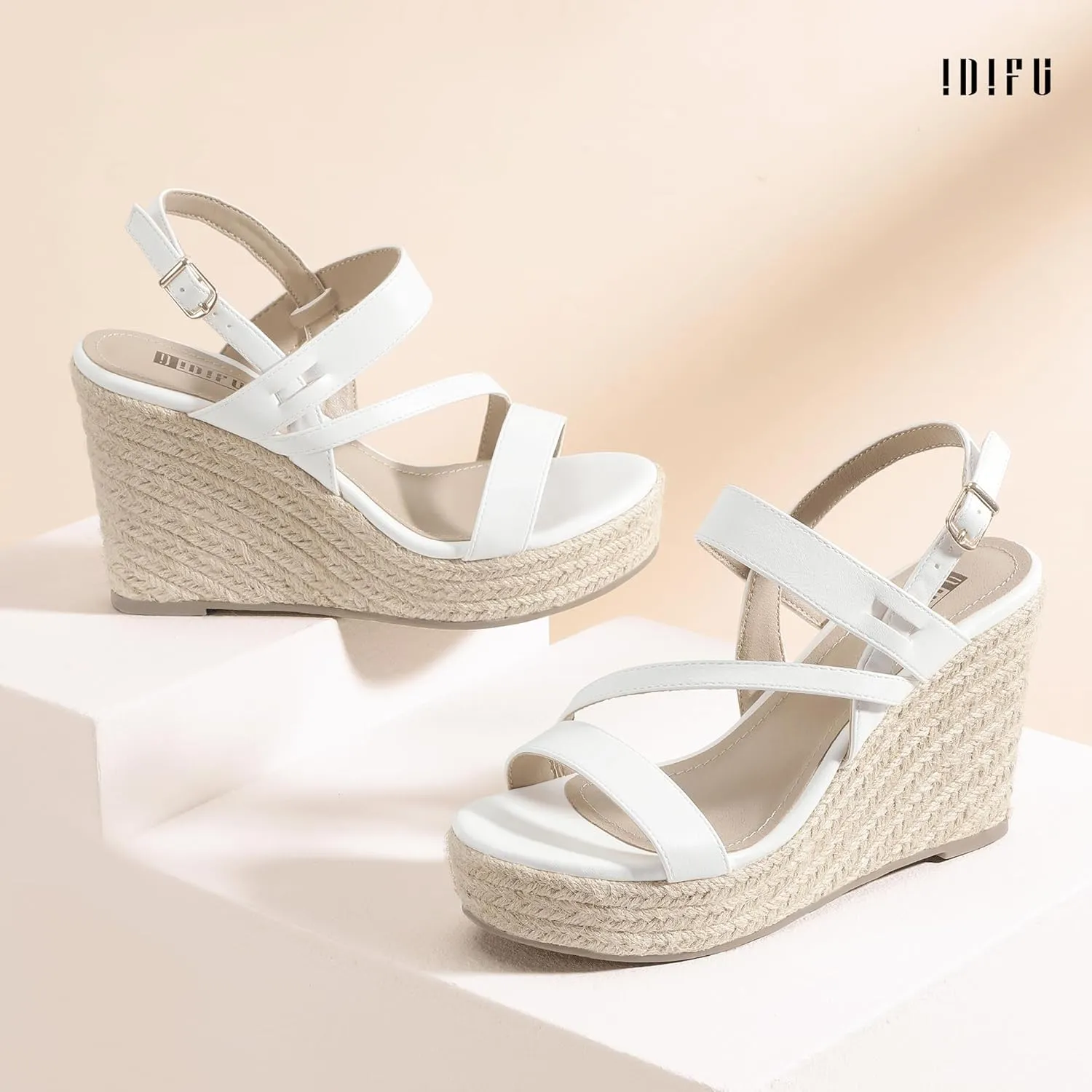 IDIFU IN4 Espadrille Wedge Sandals for Women Platform Wedges Heels Wedding Bridal Ladies Open Toe Dressy Sandals Comfortable Summer Ankle Strap Strappy High Heel Wedges