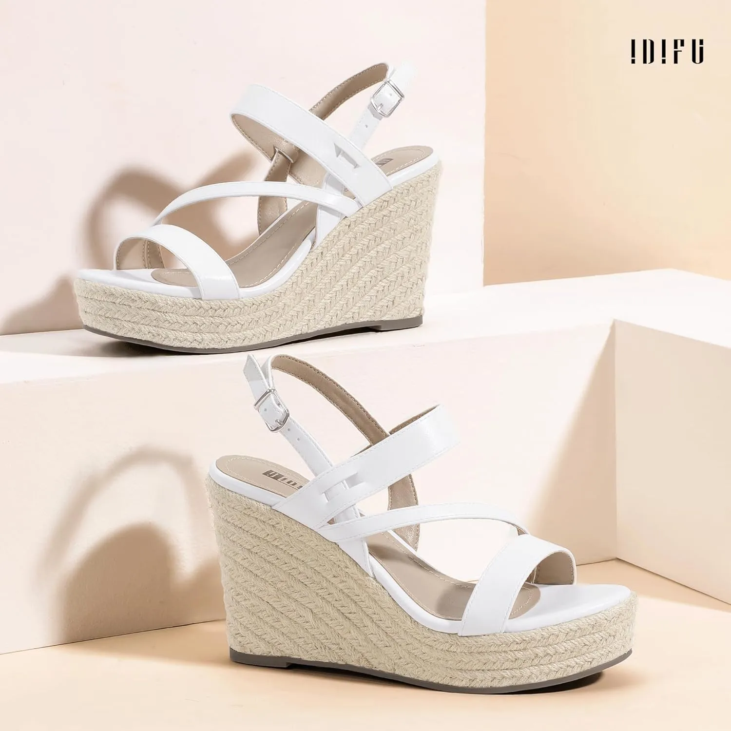 IDIFU IN4 Espadrille Wedge Sandals for Women Platform Wedges Heels Wedding Bridal Ladies Open Toe Dressy Sandals Comfortable Summer Ankle Strap Strappy High Heel Wedges
