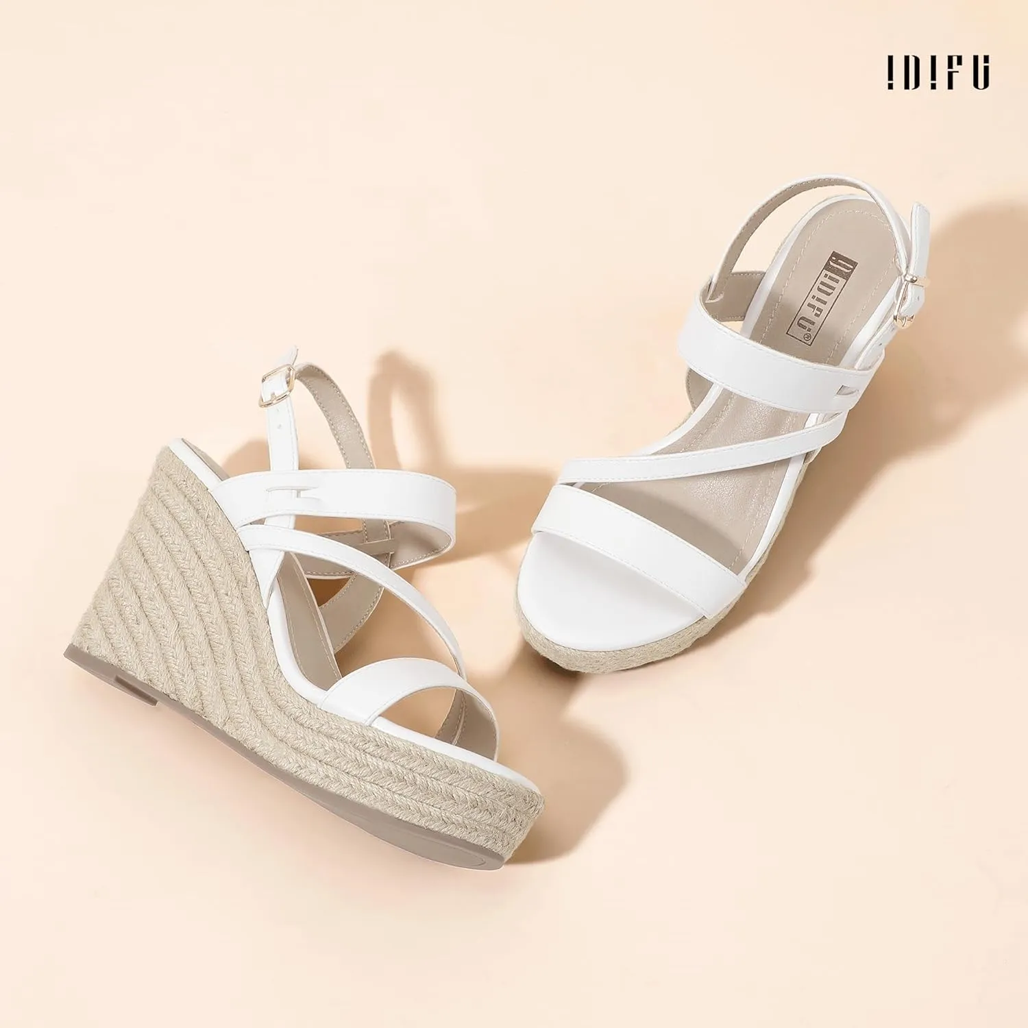 IDIFU IN4 Espadrille Wedge Sandals for Women Platform Wedges Heels Wedding Bridal Ladies Open Toe Dressy Sandals Comfortable Summer Ankle Strap Strappy High Heel Wedges