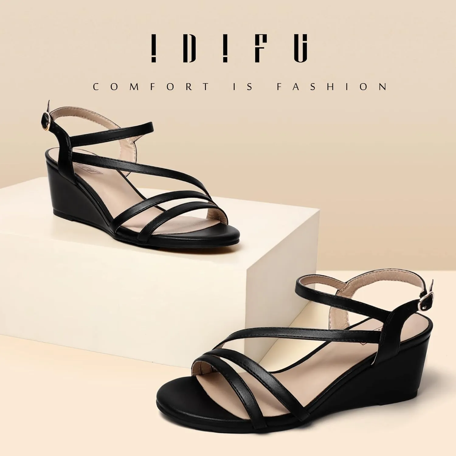 IDIFU Women's Wedge Heel Sandal Dress Low Strappy 2 Inch Open Toe Wedding Bridal Shoes for Woman Ladies Evening Formal