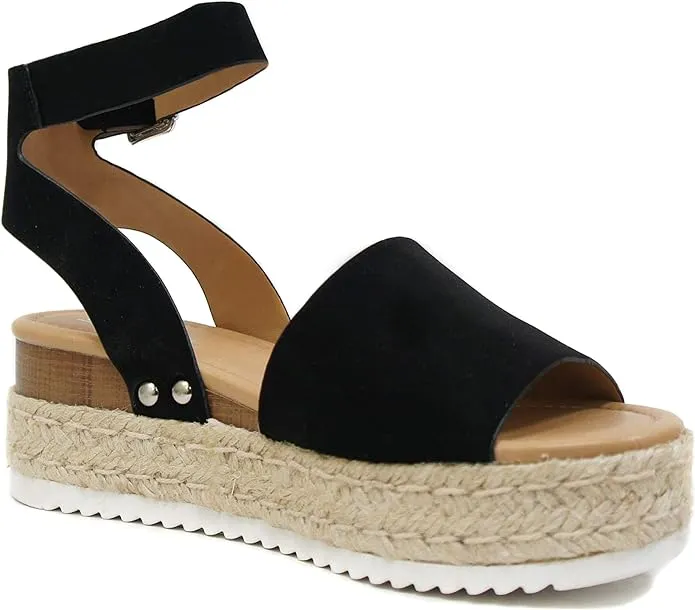 Impeccable Nubuck Strap Sandals Black Espadrilles Open Trustworthy service Ankle Toe Soda Studded Topic Wedge