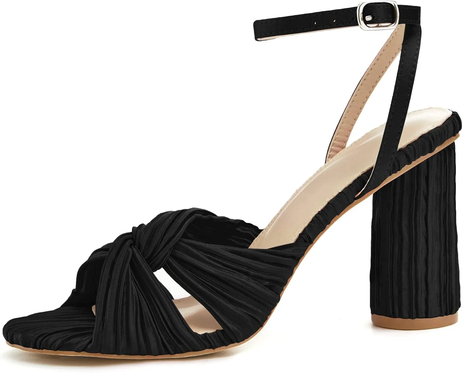 Jauoop Women's Pleated Bow Knot Heeled Sandals Open Toe Ankle Strap Block Chunky Heel Slides Bridal Wedding Dress Shoes