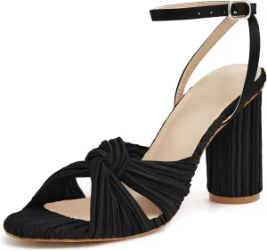 Jauoop Women's Pleated Bow Knot Heeled Sandals Open Toe Ankle Strap Block Chunky Heel Slides Bridal Wedding Dress Shoes