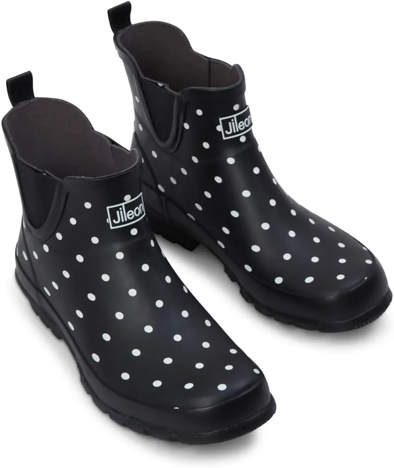 Jileon Womens Ankle Height Waterproof Rubber Rain Boots - Designed For Wide Feet & Wide Calves - Easy to Slip on and Off