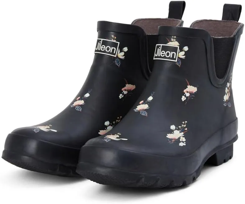 Jileon Womens Ankle Height Waterproof Rubber Rain Boots - Designed For Wide Feet & Wide Calves - Easy to Slip on and Off
