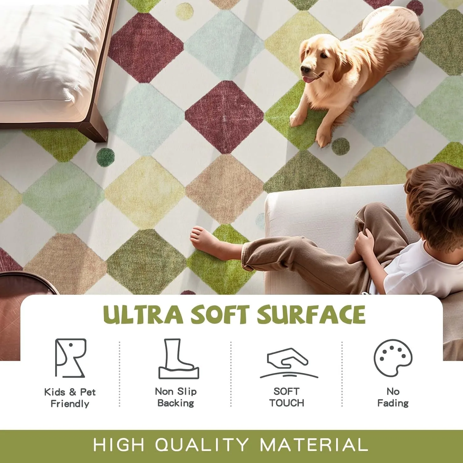 jinchan Runner Rug 2x5 Kids Hallway Washable Rug Indoor Soft Non Slip Modern Diamond Carpet Holiday Decor for Nursery Room Bedroom Kitchen Laundry Room Moss on Cream