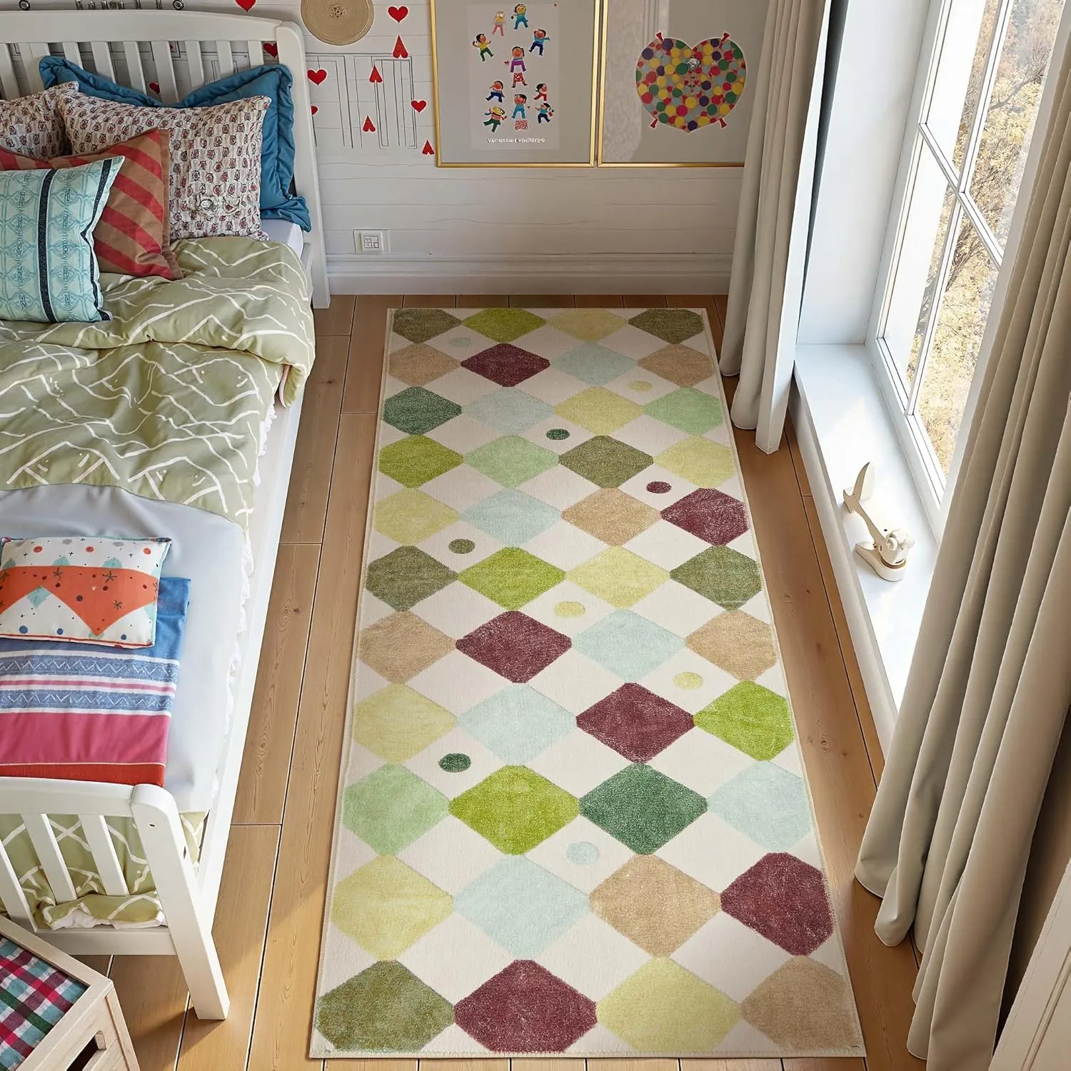 jinchan Runner Rug 2x5 Kids Hallway Washable Rug Indoor Soft Non Slip Modern Diamond Carpet Holiday Decor for Nursery Room Bedroom Kitchen Laundry Room Moss on Cream