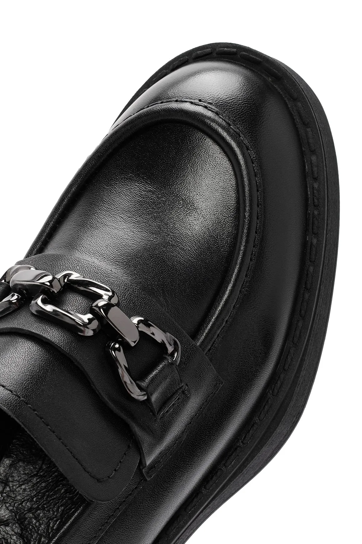 Kadın Siyah Kalın Topuklu Deri Maskülen Loafer