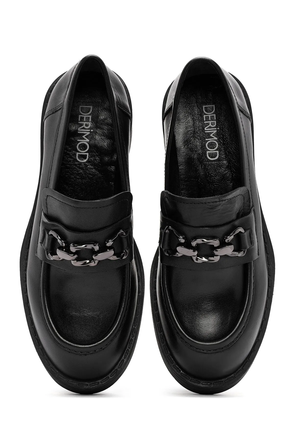Kadın Siyah Kalın Topuklu Deri Maskülen Loafer