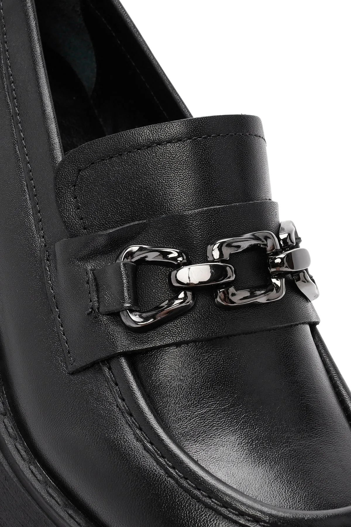 Kadın Siyah Kalın Topuklu Deri Maskülen Loafer