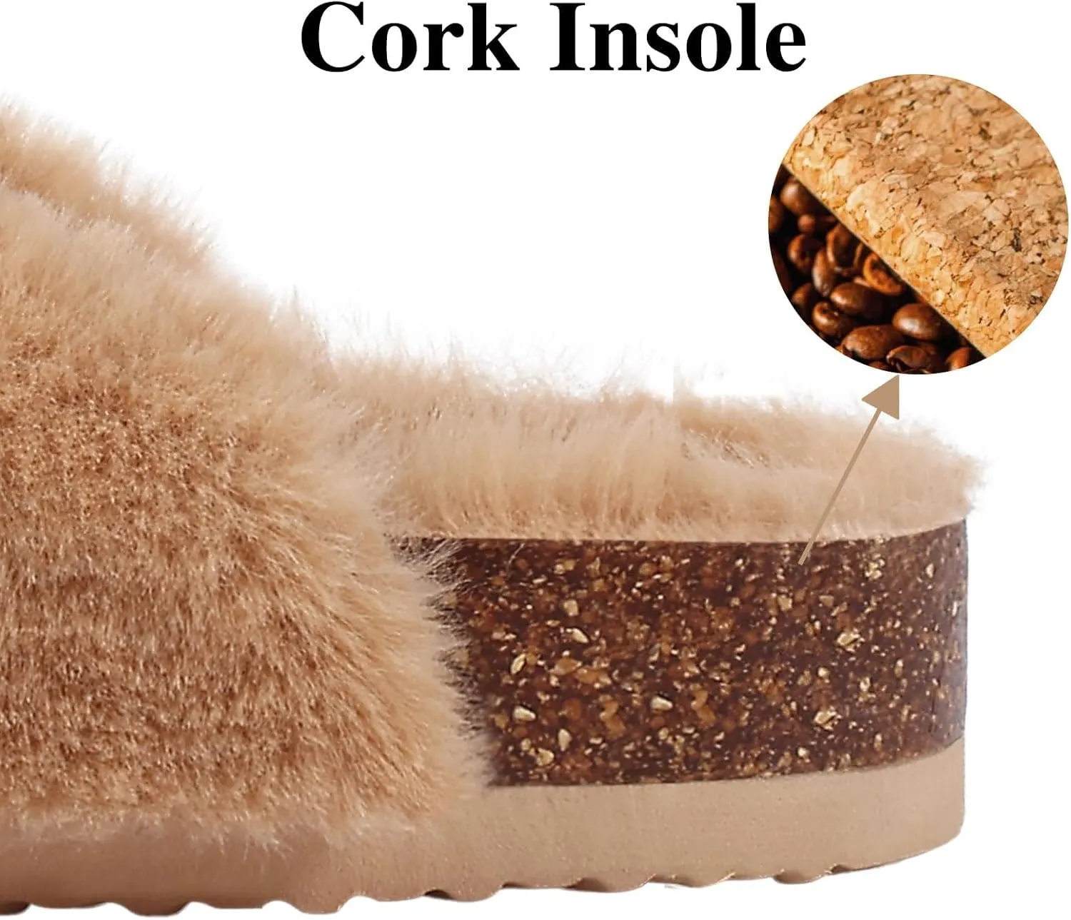 KIDMI Fuzzy Slippers Women with Cork Footbed Fluffy Slides Open Toe Indoor House Shoes | Arch Support | Adjustable Buckles
