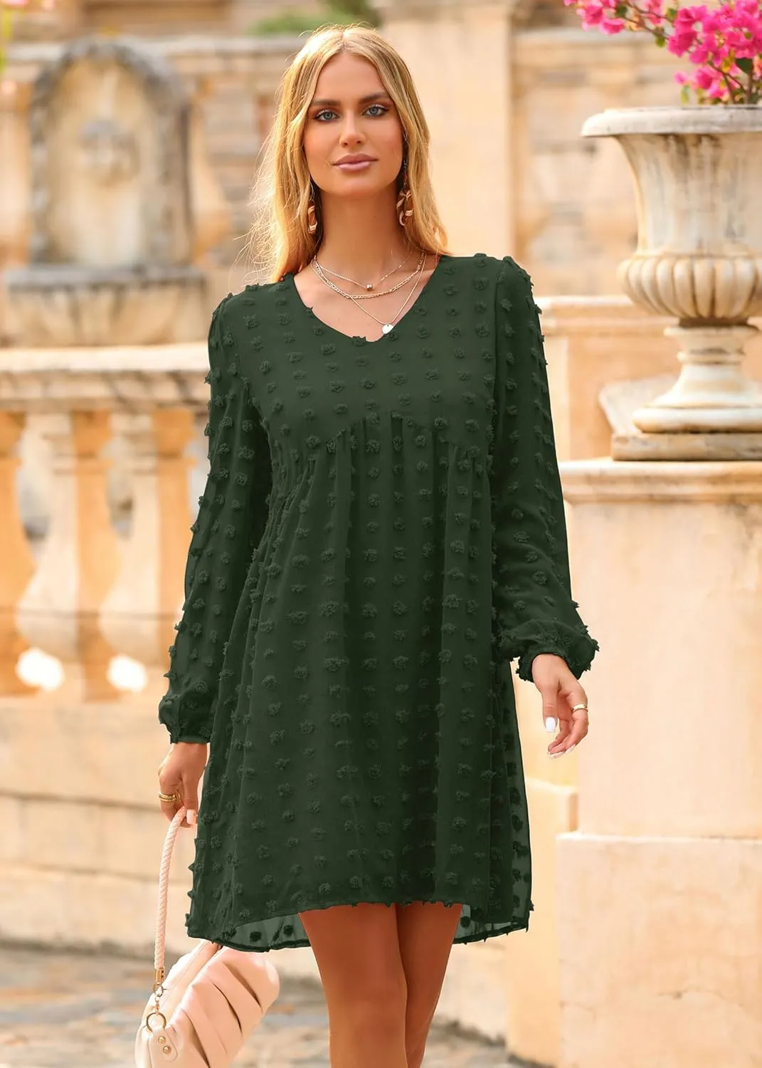 KIRUNDO Womens Dresses 2024 Spring Summer Long Sleeve Mini Dress V Neck Flowy Casual Swiss Dot Loose Babydoll Dress