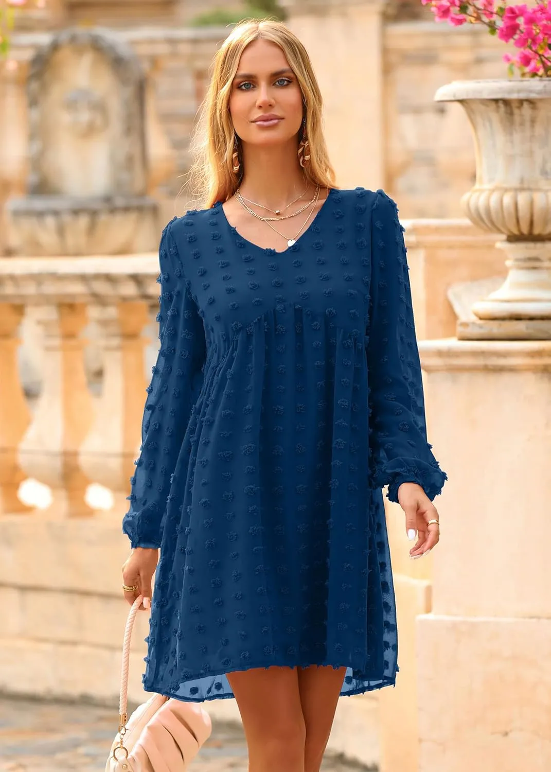KIRUNDO Womens Dresses 2024 Spring Summer Long Sleeve Mini Dress V Neck Flowy Casual Swiss Dot Loose Babydoll Dress